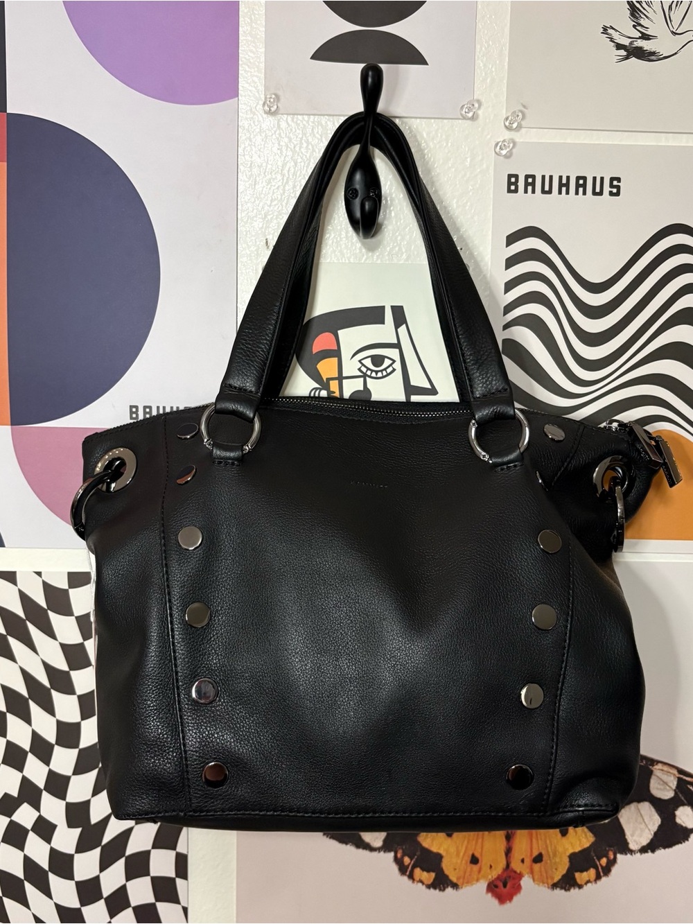 Hammitt Daniel Medium Black Pebbled Leather Studded Satchel Tote NWT